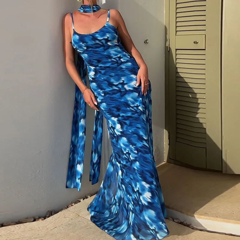 Halter Backless Print Sexy Maxi Dress For Women Gown Elegant Blue Printed Lace-up Sleeveless Evening Long Dress