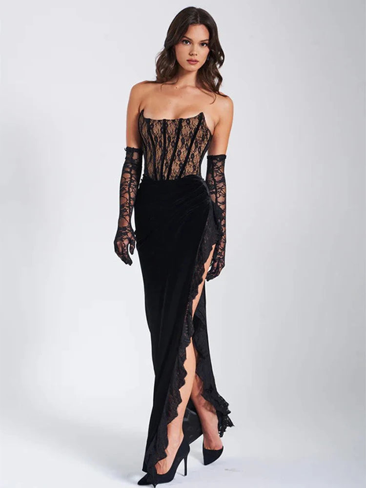 Elegant Lace Strapless Maxi Dress For Women Fashion Black Sleeveless Backless Bodycon Club Party Sexy Long Dress