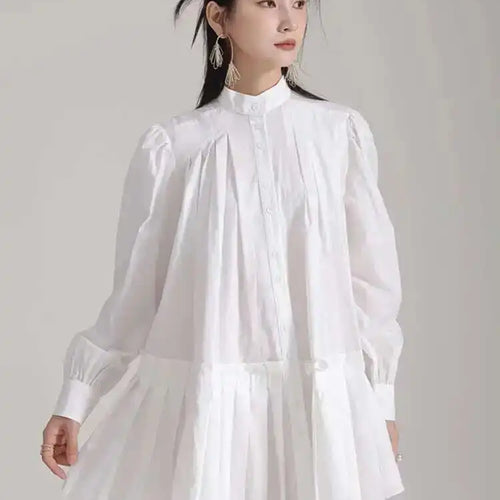 Load image into Gallery viewer, Women Blue Pleated Hem Long Big Size Blouse New Stand Collar Long Sleeve Shirt Fashion Tide Spring Autumn 2025 1DH5707
