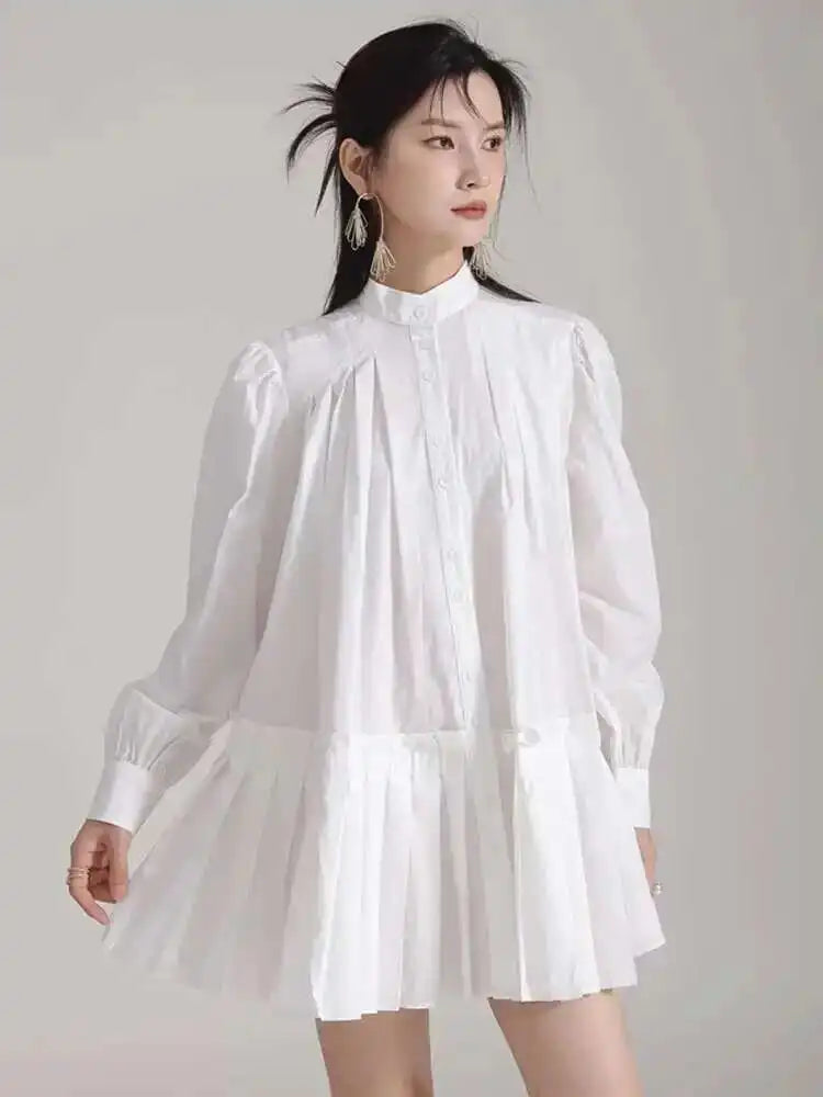 Women Blue Pleated Hem Long Big Size Blouse New Stand Collar Long Sleeve Shirt Fashion Tide Spring Autumn 2025 1DH5707