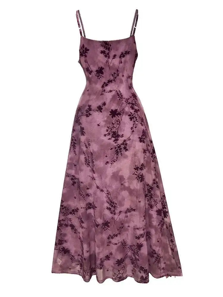 Women Brown Printed Vintage Long Spaghetti Strap Dress New Round Neck Sleeveless Fashion Tide Spring Summer 2025 1DJ0289