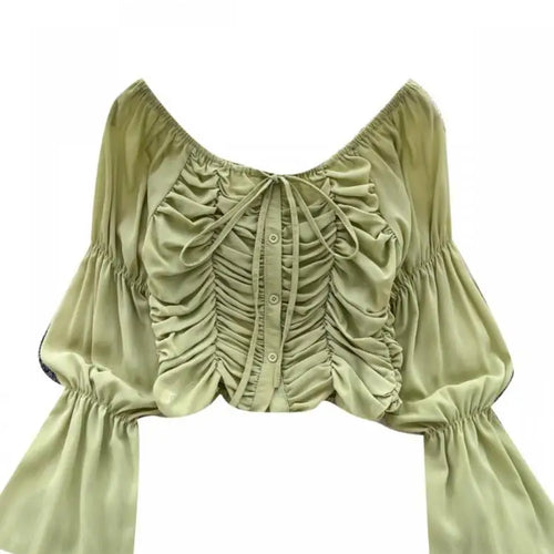 Load image into Gallery viewer, French 2024 Autumn New Black Beige Slim Festival Blouse Women Green Flared Long Sleeved Pleated Lace-up Short Shirt Versatile
