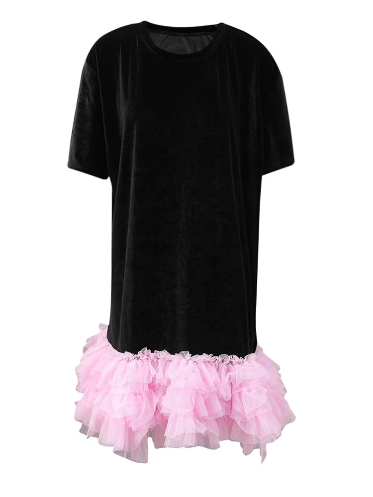 Women Green Mesh Ruffles Hem Big Size Knee-Length Dress New Round Neck Short Sleeve Fashion Spring Summer 2025 CPG2904