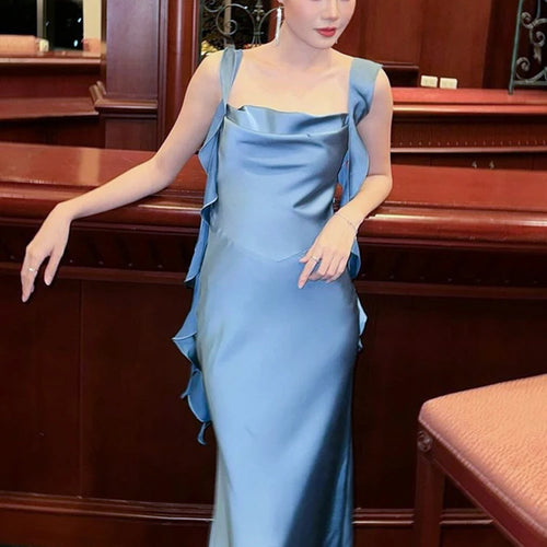 Load image into Gallery viewer, Stain Solid Straps Backless Tassel Sexy Bodycon Maxi Prom Dress Women Elegant Outfits Evening Party Birthday Y2K
