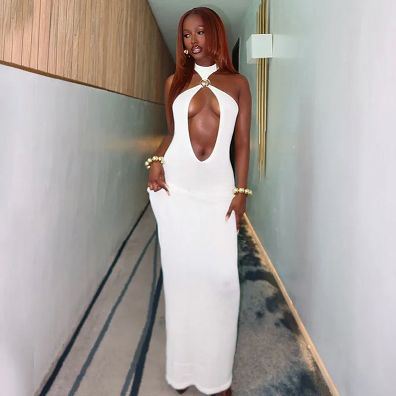 Halter Hollow Out Sexy Maxi Dress For Women Gown Fashion Off-shoulder Sleeveless Backless Bodycon Beach Club Dress