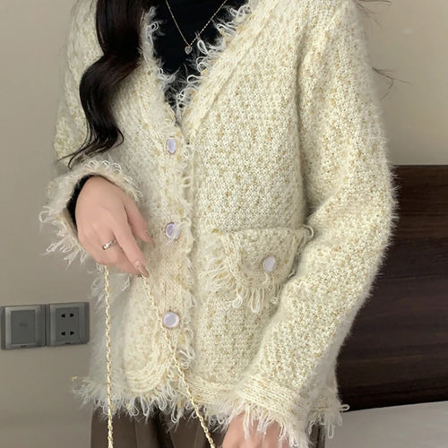 Load image into Gallery viewer, Tassel Knitted Women&#39;s Sweater Autumn Winter Korean New Chic Female Cardigan Coat Woman Beige Sweaters Single-breasted
