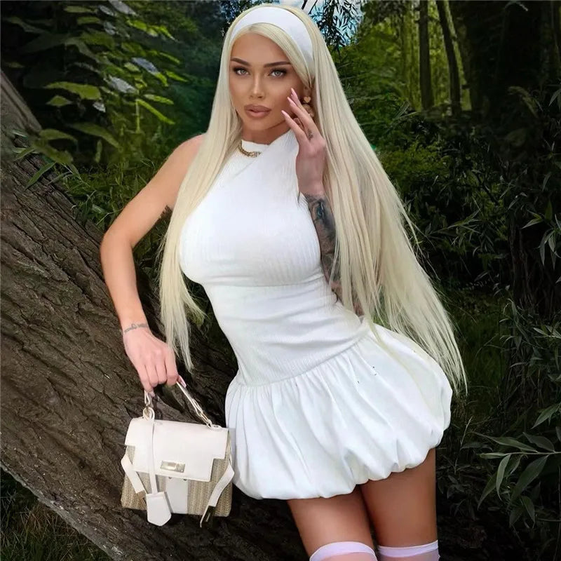 Hollow Out Backless Sleeveless Mini Dress For Women Summer New Fashion Solid O Neck Slim Pleated Dress Elegant 2024