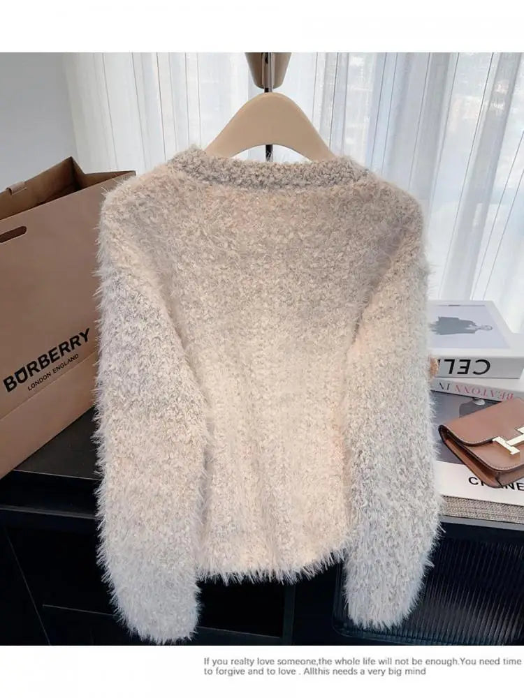 French Women Beige Flower Decorate Pullover Mink Sweater Purple Pink Long Sleeve Round Neck Elegant Knit Tops Autumn Winter Chic