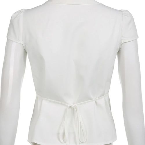 Load image into Gallery viewer, White Tie Up T Shirt y2k Women Short Sleeve Turn Down Collar Button Crop Top Vintage Harajuku Korean Tee Summer Casual
