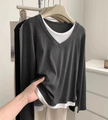 Korean Fashion Women's Patchwork Round Neck Versatile Cotton T Shirt Autumn Long Sleeves Vacation Pullovers Tops Casual Simple
