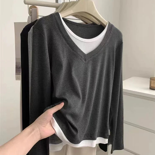 Load image into Gallery viewer, Korean Fashion Women's Patchwork Round Neck Versatile Cotton T Shirt Autumn Long Sleeves Vacation Pullovers Tops Casual Simple
