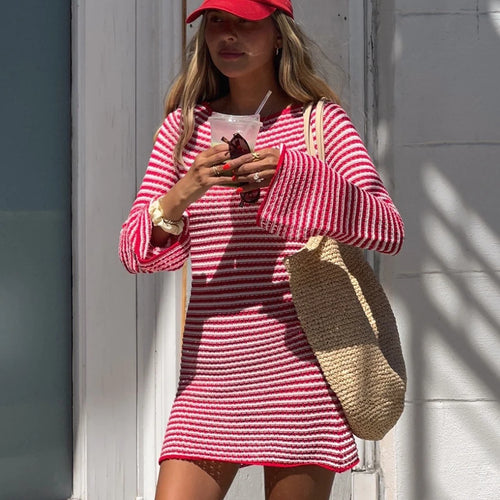 Load image into Gallery viewer, Striped Knit Mini Dress For Women Autumn Winter New O Neck Long Sleeve Contrast Color High Waist Beach Sexy Dress New
