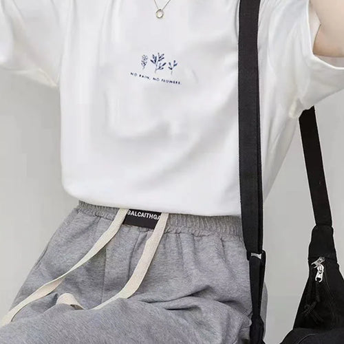 Load image into Gallery viewer, Korean Style Round Neck T-shirt Women's Summer Loose Fit Plant Printing Casual Solid Color Short Sleeves Top For Students
