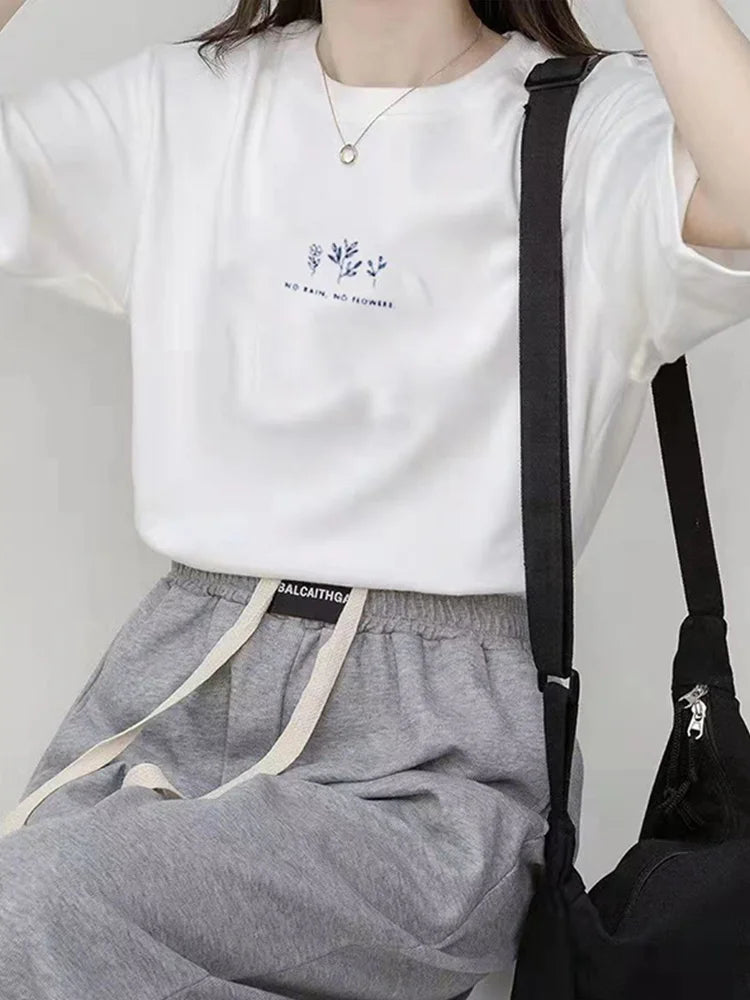 Korean Style Round Neck T-shirt Women's Summer Loose Fit Plant Printing Casual Solid Color Short Sleeves Top For Students