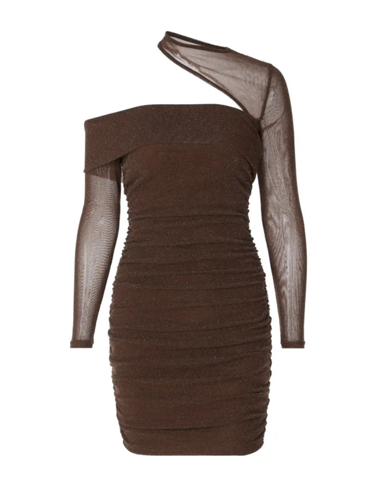 Winter New Fashion Sexy Pleated Slim Wrapped Hip Dress Women Tight Shiny Irregular Evening Party Club Short Skirt