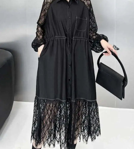 Women Black Denim Lace Perspective Big Size Shirt Dress New Lapel Long Sleeve Fashion Tide Spring Autumn 2025 1DH702001