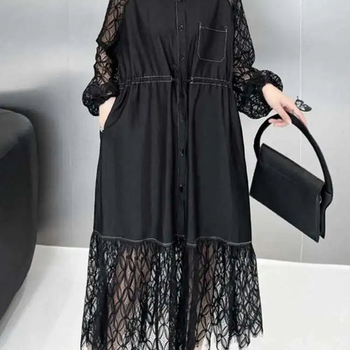 Load image into Gallery viewer, Women Black Denim Lace Perspective Big Size Shirt Dress New Lapel Long Sleeve Fashion Tide Spring Autumn 2025 1DH702001
