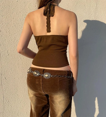 y2k Tank Top Women Fairycore Grunge Clothes Lace Patchwork V Neck Sleeveless Backless Halter Neck T Shirt Streetwear