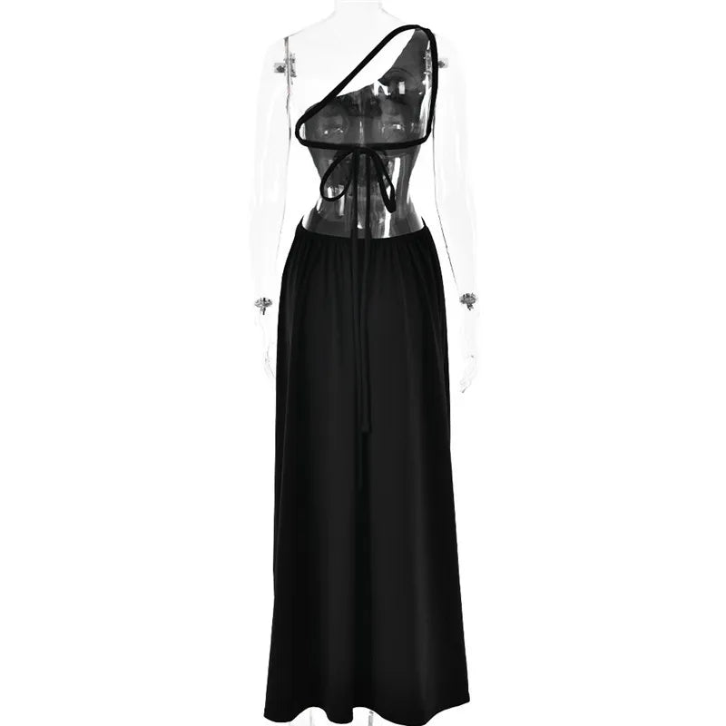 One Shoulder Diagonal Collar Backless Sexy Maxi Dress For Women Robe Fashion Off-shoulder Sleeveless High Split Dress