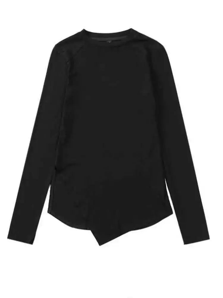 Women Burr Split Joint Asymmetrical Temperament T-shirt New Round Neck Long Sleeve  Fashion Tide  Spring Autumn 2025 1H312