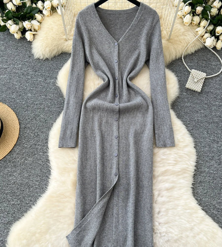 Korean Women Solid V-neck Single Breasted Festival Dresses Autumn Winter Slim Long Sleeve Office Knitted Dress Ladies Simplicity