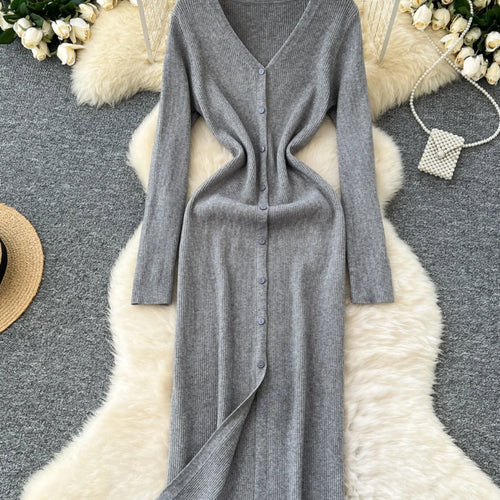 Load image into Gallery viewer, Korean Women Solid V-neck Single Breasted Festival Dresses Autumn Winter Slim Long Sleeve Office Knitted Dress Ladies Simplicity
