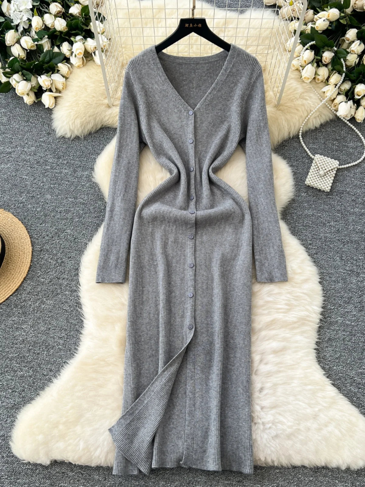 Korean Women Solid V-neck Single Breasted Festival Dresses Autumn Winter Slim Long Sleeve Office Knitted Dress Ladies Simplicity