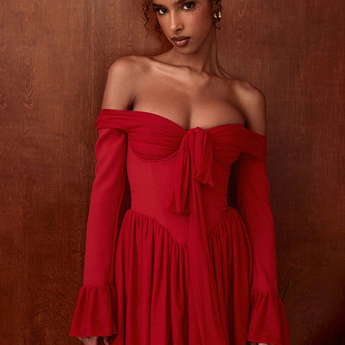 Load image into Gallery viewer, Elegant Strapless Backless Sexy Mini Dress For Women Red Off-shoulder Long Flare Sleeve Pleated Club Party Dress 2024
