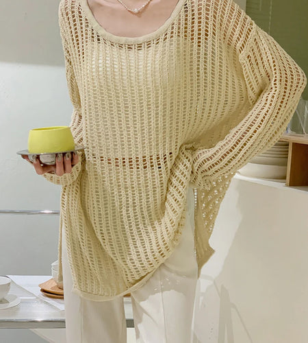 Green Hollow Out Big Size Knitting Sweater Round Neck Long Sleeve Women Pullovers New Fashion Spring Autumn 2025 1DJ1621