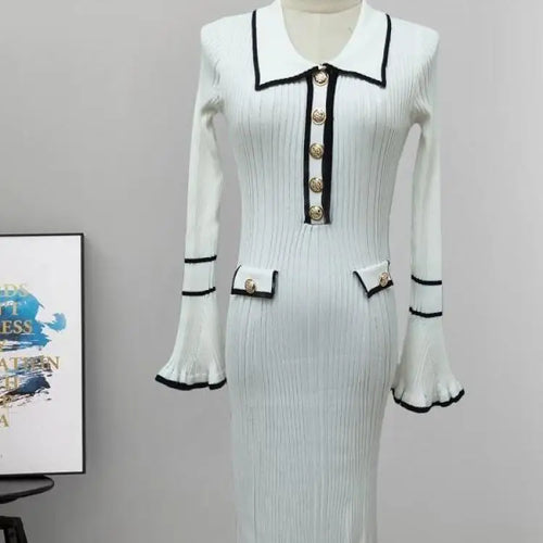 Load image into Gallery viewer, Autumn Winter Patchwork Single-breasted Casual Pullover Sweater Dress Elegant Office Women's Temperament Long Sleeve Knit Dress
