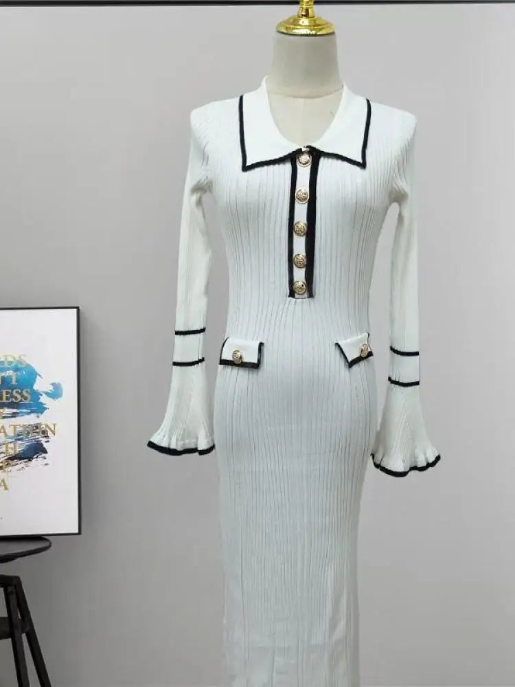 Autumn Winter Patchwork Single-breasted Casual Pullover Sweater Dress Elegant Office Women's Temperament Long Sleeve Knit Dress