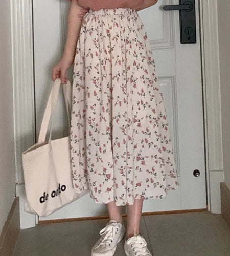 Vintage Floral Print A-Line Pleated Midi Skirt for Women Summer 2025 Korean Streetwear Drawstring Elastic Waist Long Skirt