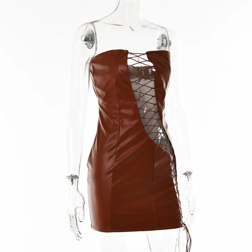 Load image into Gallery viewer, Hollow Out PU Leather Sexy Mini Dresses For Women Strapless Sleeveless Backless Bodycon Party Short Dress Vestido
