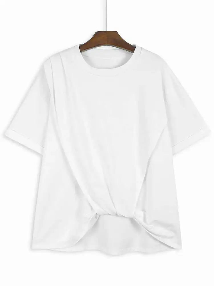 Women Black Irregular Pleated Big Size Casual T-shirt New Round Neck Shhort  Sleeve Fashion Spring Summer 2025 1DH5712