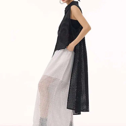 Load image into Gallery viewer, Women White Hollow Out Big Size Long Elegant Shirt Dress New Lapel Sleeveless Fashion Tide Spring Autumn 2025 1DH9424
