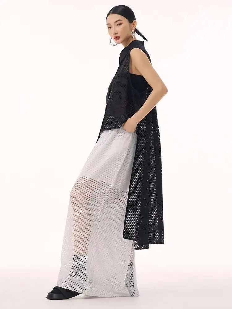 Women White Hollow Out Big Size Long Elegant Shirt Dress New Lapel Sleeveless Fashion Tide Spring Autumn 2025 1DH9424