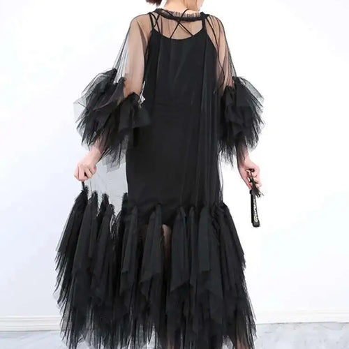 Load image into Gallery viewer, Women Black Ruffles Long Big Size Dress New Round Neck Three-quarter Sleeve Loose Fit Fashion Spring Summer 2025 JR77101
