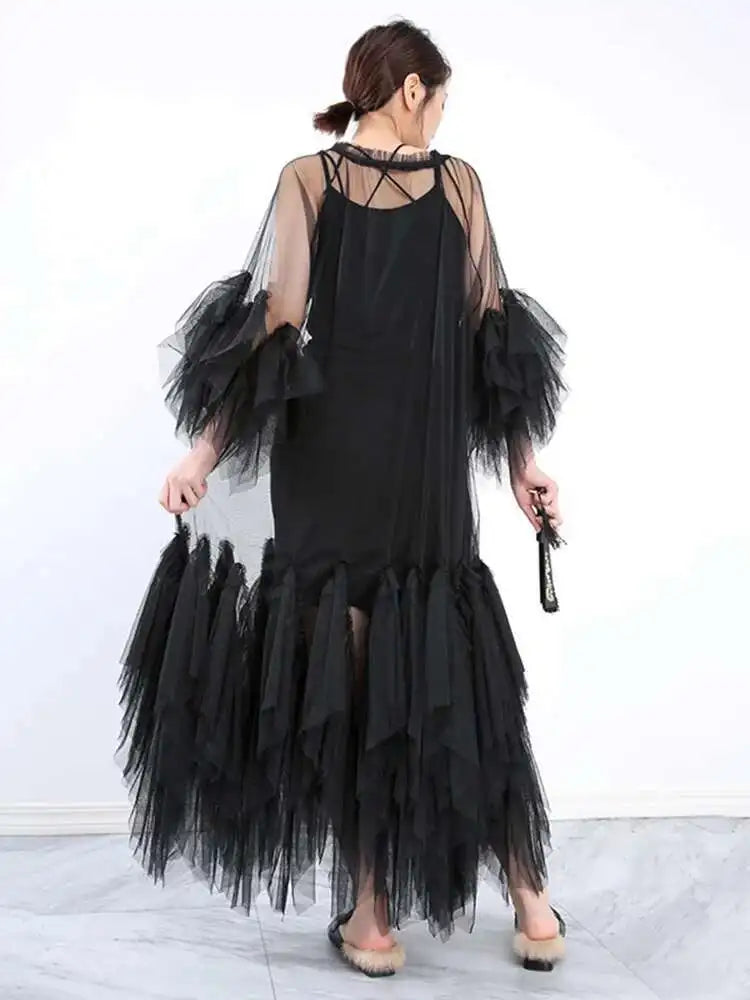 Women Black Ruffles Long Big Size Dress New Round Neck Three-quarter Sleeve Loose Fit Fashion Spring Summer 2025 JR77101