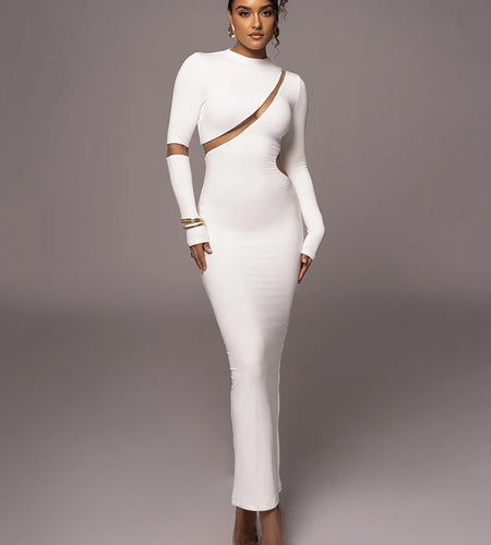 Turtleneck Long Sleeve Bodycon Maxi Dress For Women Autumn New Patchwork Hollow Out Club Party Sexy Long Dress Vestidos