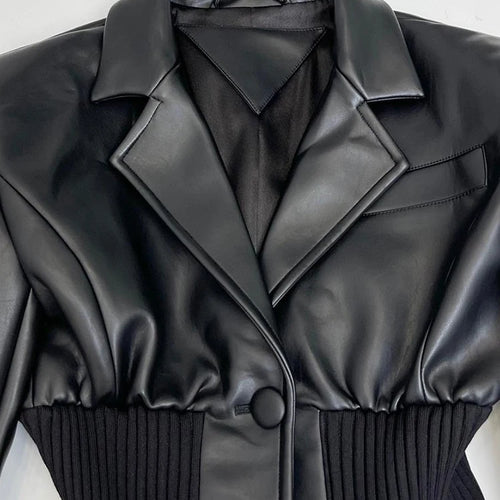 Load image into Gallery viewer, Black Pu Leather Elastic Waist Big Size Jacket New Lapel Long Sleeve Women Coat Fashion Tide Spring Autumn 2025 1DF3853
