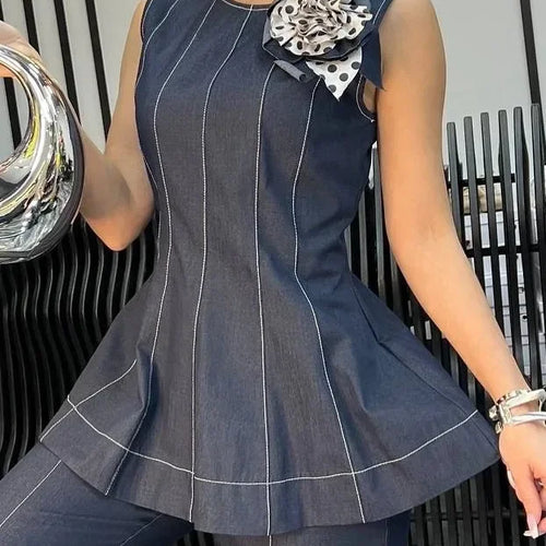 Load image into Gallery viewer, Vintage Denim Blouses for Women Summer Elegant Zipper Sleeveless A-line Shirts and Blouses Women&#39;s Business Casual Tops
