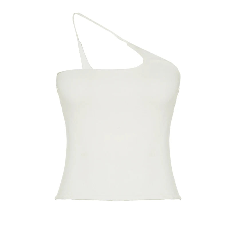 Sexy White Chic Single Shoulder Design Camis Women Slim-Fitting Solid Cropped Tops Summer Backless Clothes Sporty New