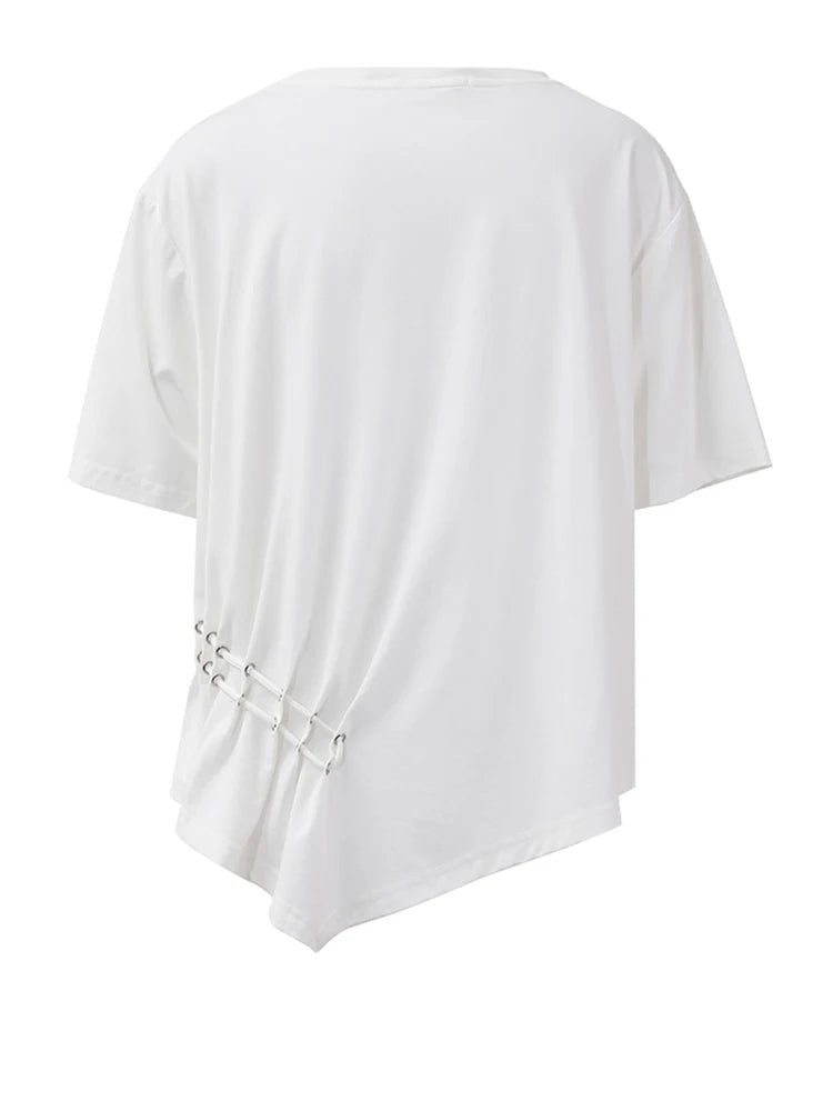 Women White Drawstring Irregular Hem Big Size T-shirt New Round Neck Short Sleeve Fashion Tide Spring Summer 2025 CPG1374