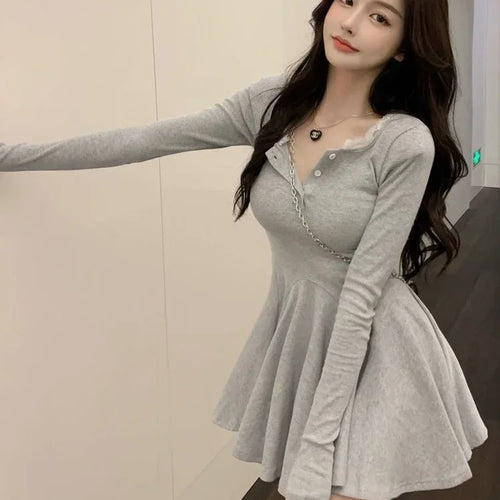 Load image into Gallery viewer, Knitted Black Wrap Dress Women Korean Style Bodycon Lace Long Sleeve Short Dresses Autumn Kpop Outfits Solid
