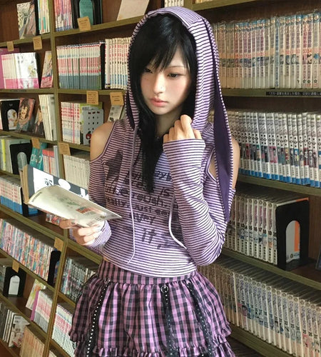 Japanese Y2k Hooded T-shirt Vintage 2000s Style Rabbit Ears Tops Harajuku Purple Striped Hollow Out Tops Grunge Lolita