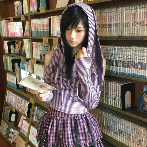 Load image into Gallery viewer, Japanese Y2k Hooded T-shirt Vintage 2000s Style Rabbit Ears Tops Harajuku Purple Striped Hollow Out Tops Grunge Lolita
