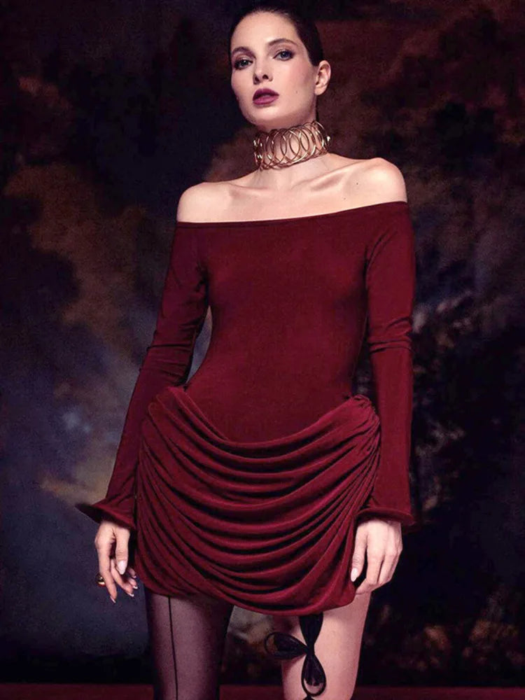 Elegant Long Sleeved Bodycon Pleated Dress Women Sexy One Shoulder  Elastic Party Evening Dress Autumn 2024 New Vestidos