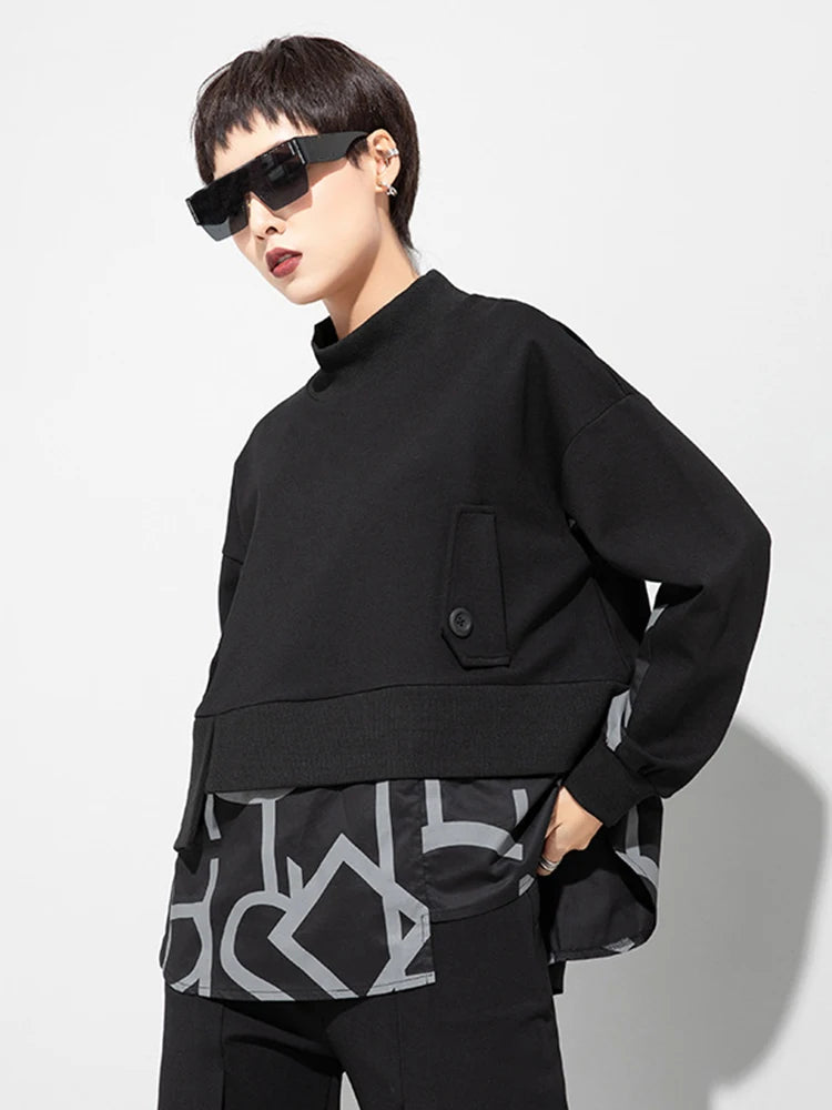 Women Big Size White Letter Iregular Spliced T-shirt New Stand Collar Long Sleeve  Fashion Tide Spring Autumn 2025 1DD0232