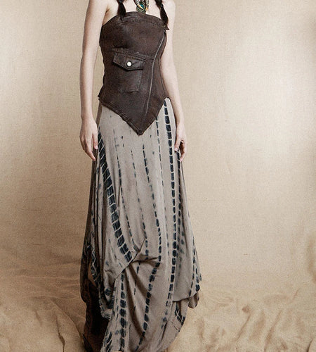 Women Brown Irregular Spliced Tie Dye Vintage Long Strapless Dress New Sleeveless Fashion Tide Spring Autumn 2025 1DH9375