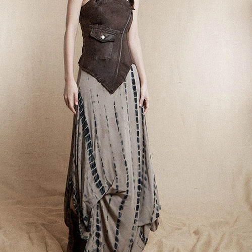 Load image into Gallery viewer, Women Brown Irregular Spliced Tie Dye Vintage Long Strapless Dress New Sleeveless Fashion Tide Spring Autumn 2025 1DH9375
